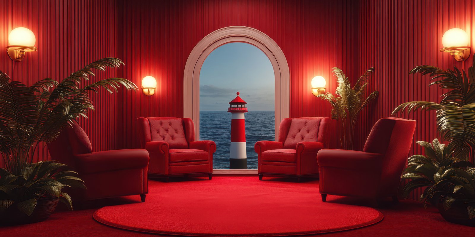 Cozy red seating area with a coastal view and lighthouse in the distance during twilight